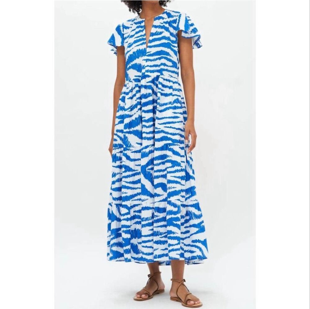 Oliphant Dipsy Midi Dress XS Blue White Singita Print Cotton Tiered Resort